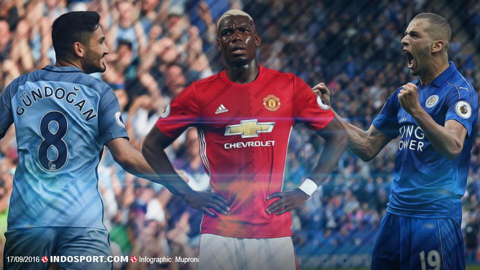 Ilkay Gundogan (kanan) dan Islam Slimani (kiri) berhasil mencetak gol dalam laga debutnya di Liga Primer Inggris. Sedangkan Paul Pogba (tengah) belum mencetak gol. - INDOSPORT